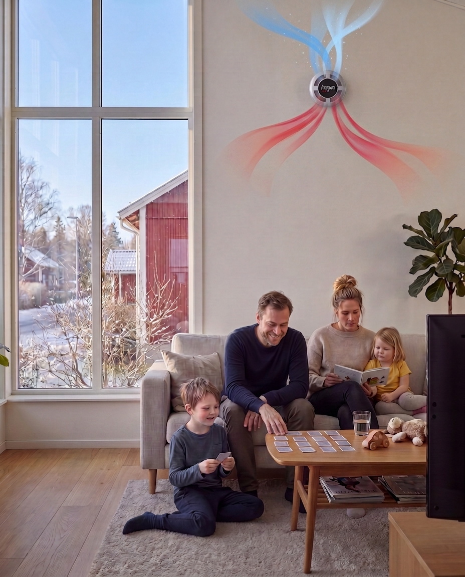 Familj som spelar i vardagsrummet med en Prana Mini-FTX på väggen som visar luftflödet
