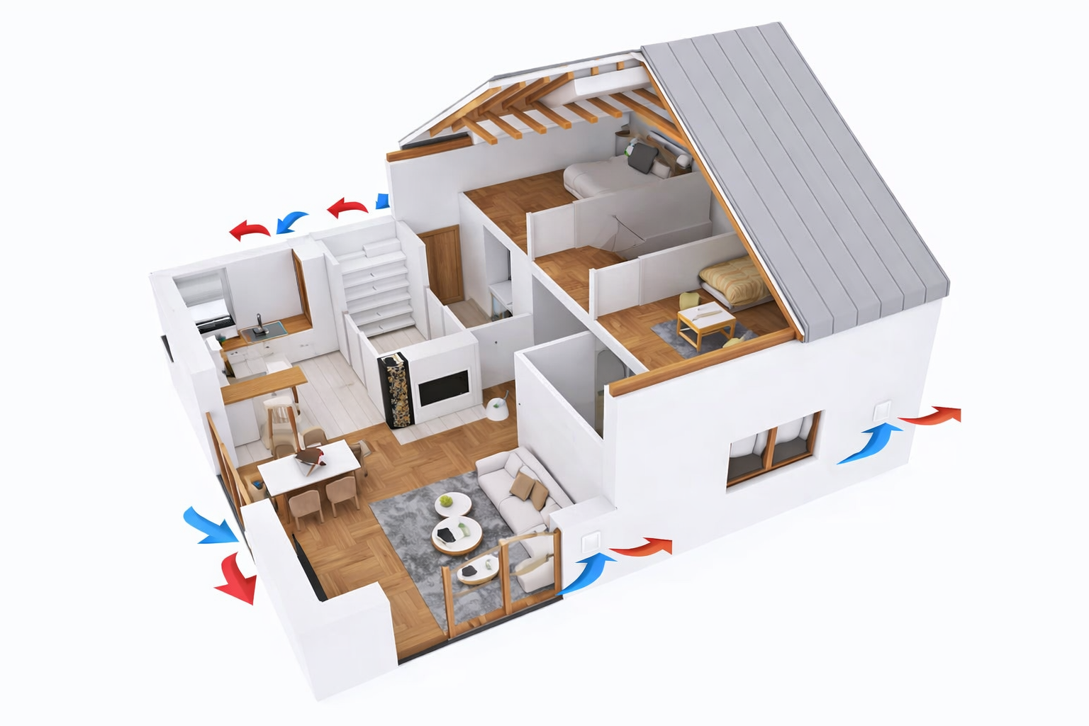3D-planlösning av villa med Mini-FTX installerad i varje rum – balanserad till- och frånluft i hela huset