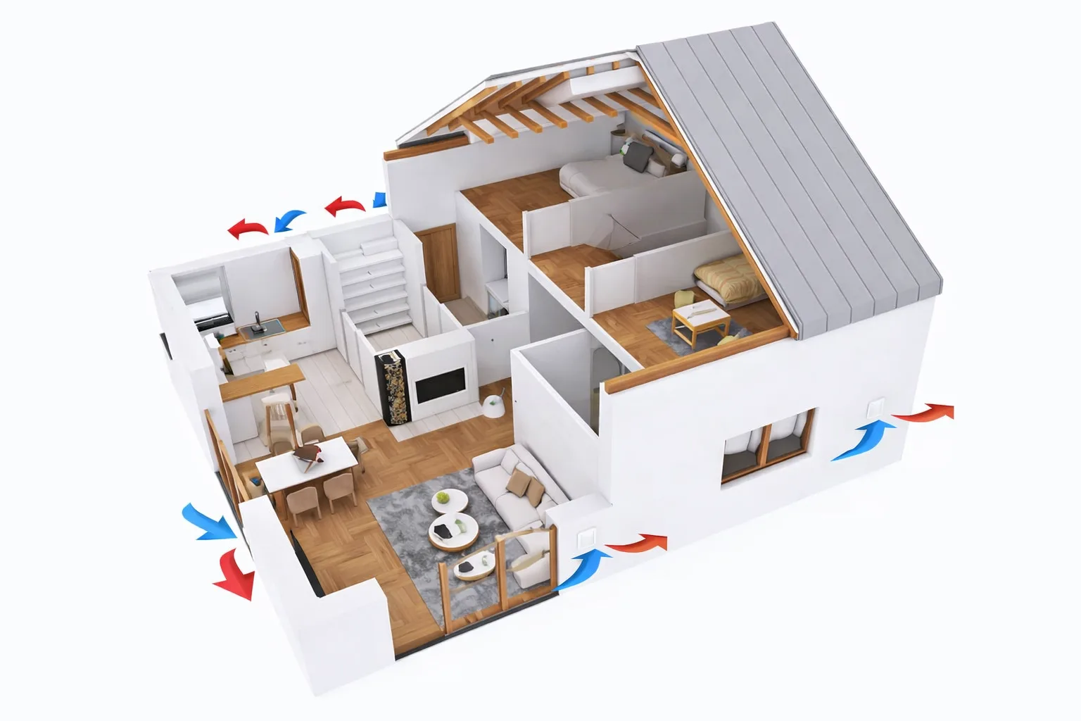 3D-planlösning av villa med Mini FTX installerad i varje rum – balanserad till- och frånluft i hela huset