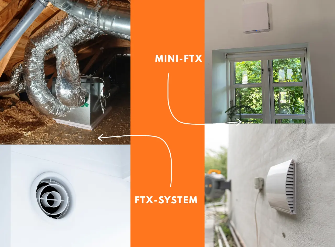 Jämförelse mellan Mini FTX och centralt FTX-system – kanaldragning på vinden vs diskret enhet i ytterväggen